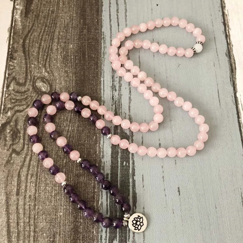 Natural Rose Quartz Amethyst Mala Bead Lotus Pendant Bracelet