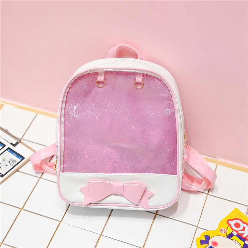 New Japanese Soft Girl Bow Cute Fresh Backpack Pain Bag Women’s College Student Schoolbag Transparent Bag