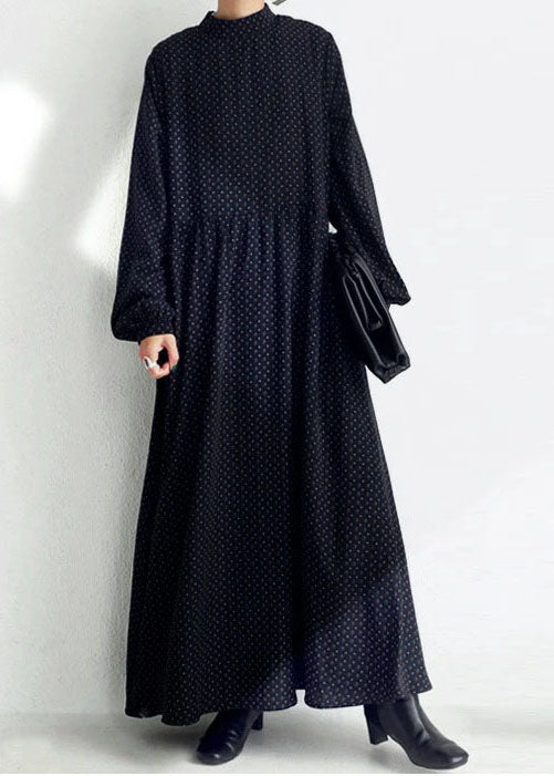 VCSHOES Loose Black Stand Collar Print Exra Large Hem Chiffon Maxi Dress Spring