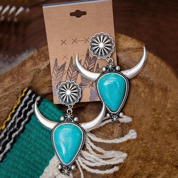 Olivenorma Bohemia Turquoise Bull Head Flower Earrings