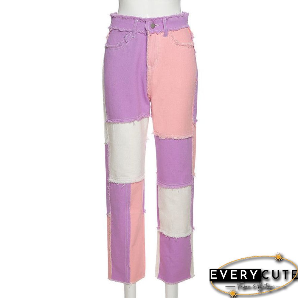 Patchwork Stitch Color Block Slim Fit Straight Leg Jeans Ripped Denim Pants