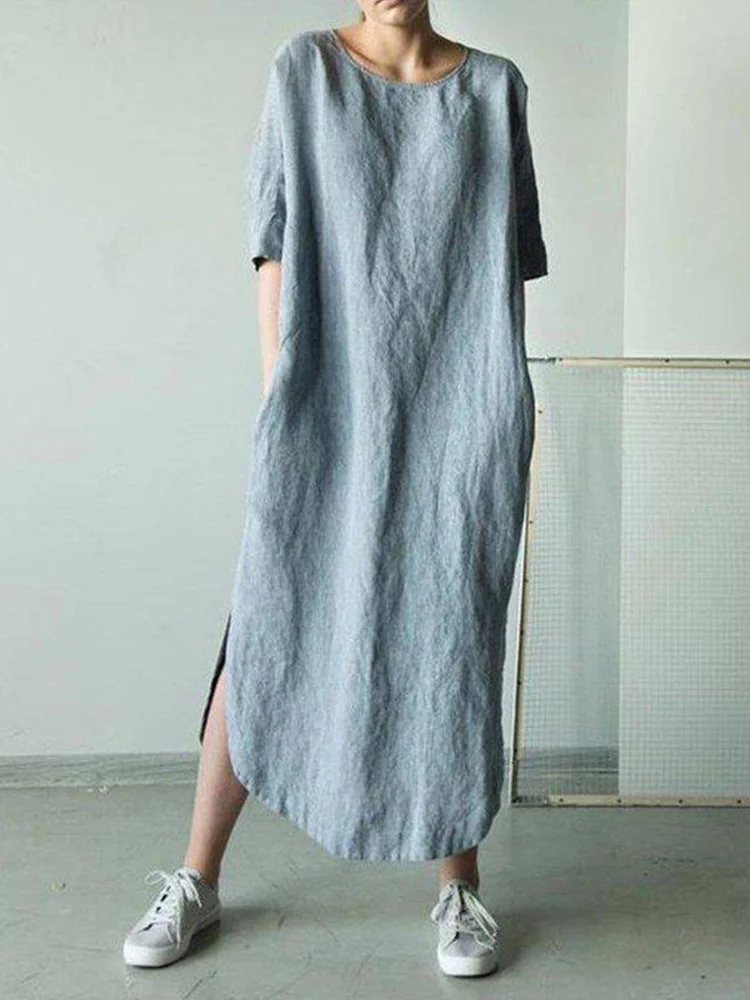 Loose Fit Crew Neck Half Sleeve Side Slit Maxi Dress