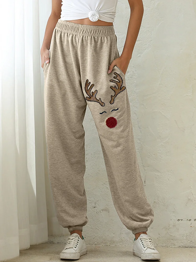 Christmas Reindeer Face Embroidery Cozy Sweatpants