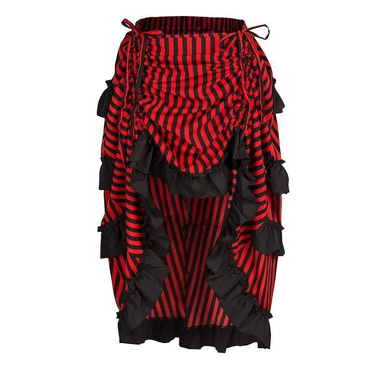 Frilly Steampunk Contrast Color Striped Drawstring Folds Skirt