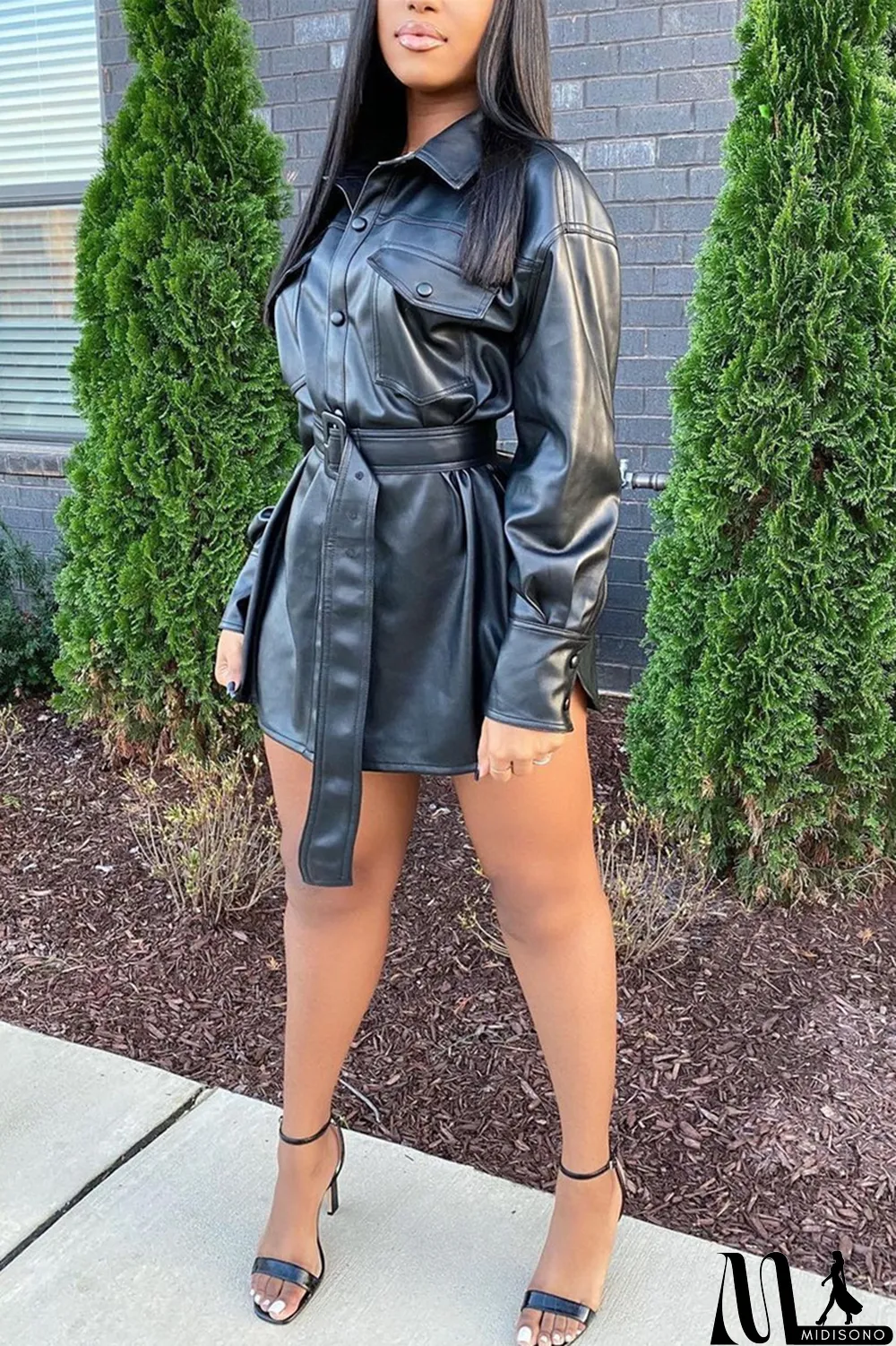 MidiSono - Blue Fashion Casual Solid With Belt Turndown Collar Outerwear