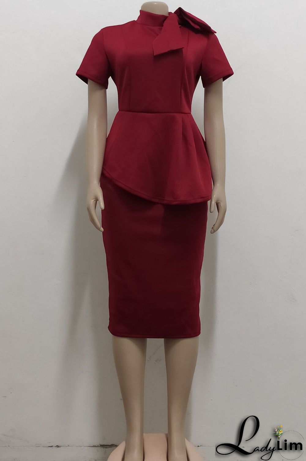 Coral Powder Casual Solid Patchwork Asymmetrical With Bow O Neck One Step Skirt Dresses