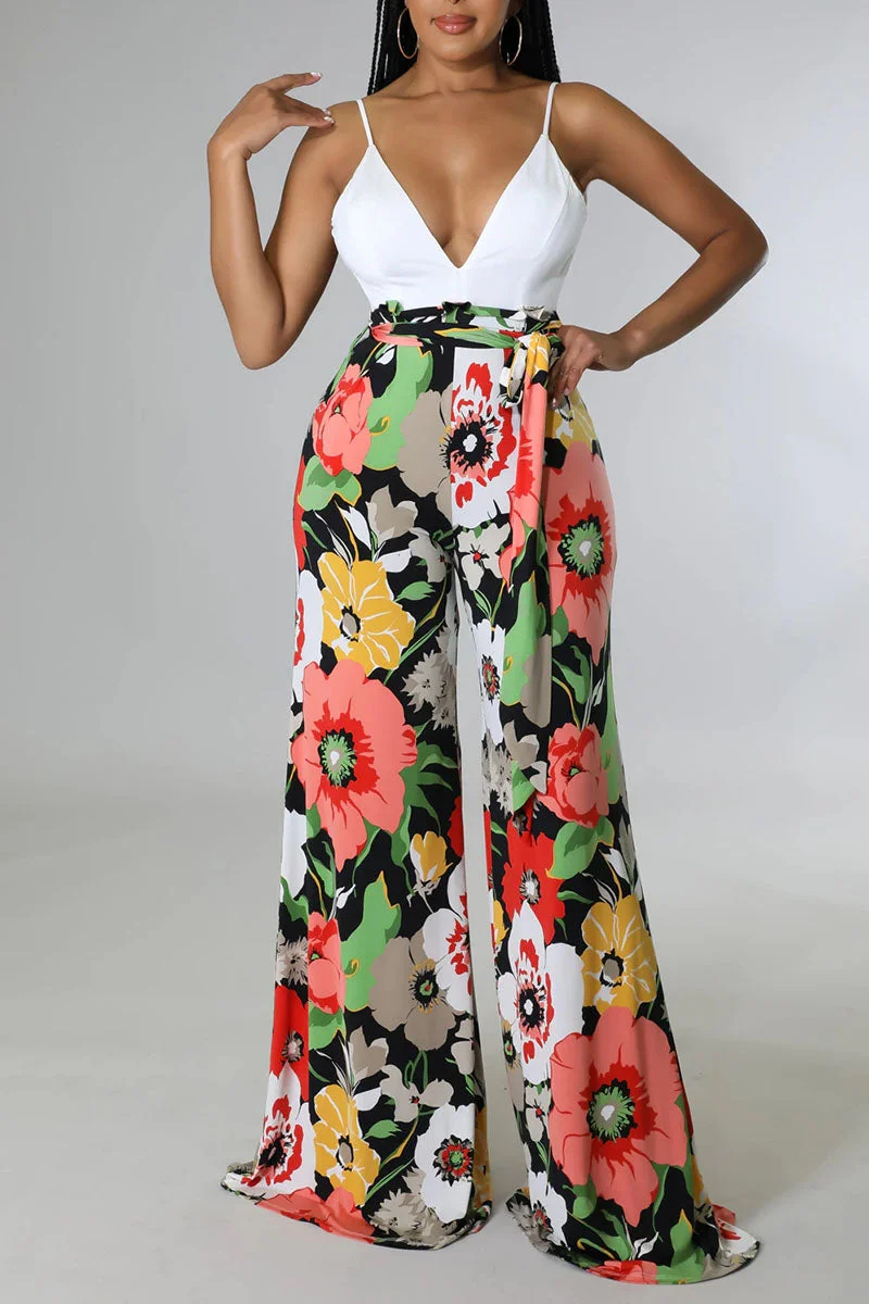 Sexy Print Patchwork Backless Straight Jumpsuits