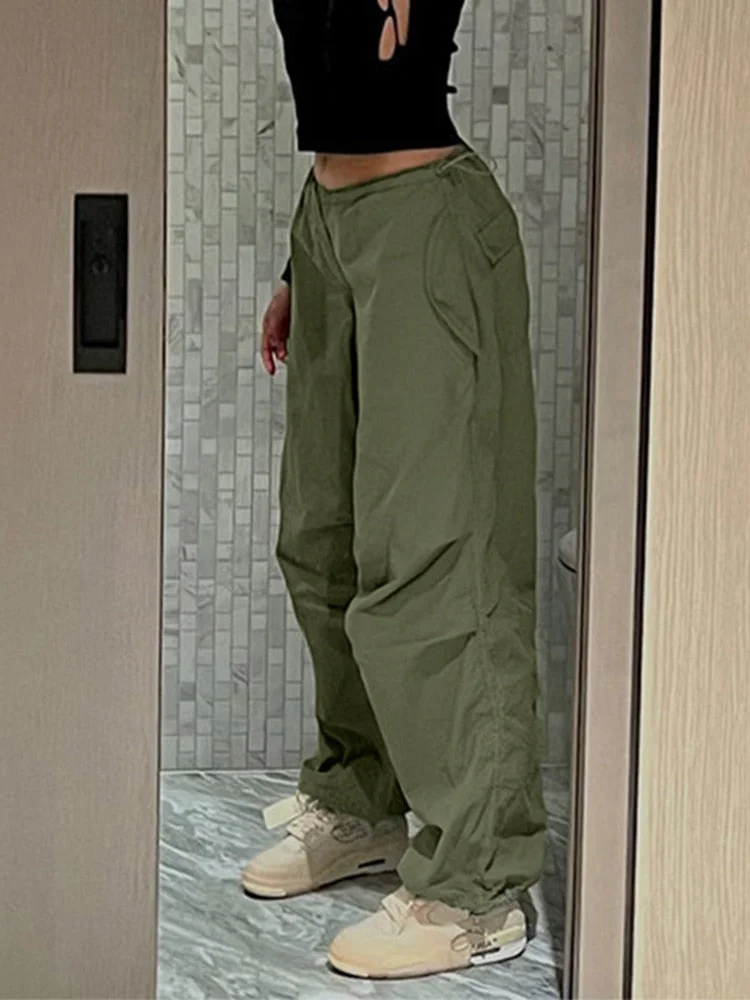 Jacqueline Y2K Wide Leg Cargo Pants Women Drawstring Baggy Low Waist Fashion Hippie Trousers Pocket Casual Street Vintage Brown