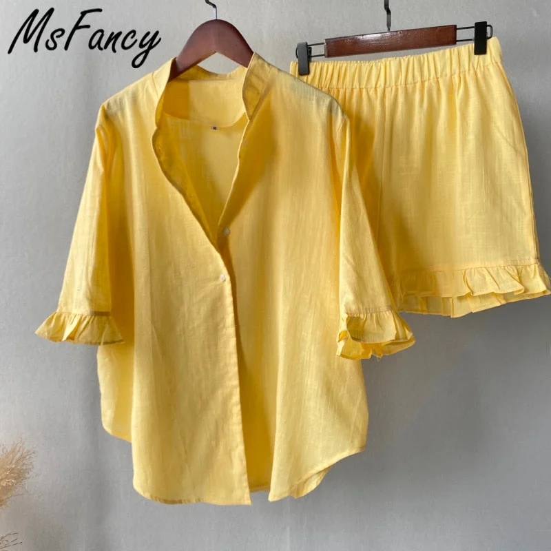 Msfancy Summer Shorts Sets Women Cotton 2 Piece Set 2021 Mujer Stand Collar Shirt Half Sleeve Vintage Pajamas Suit