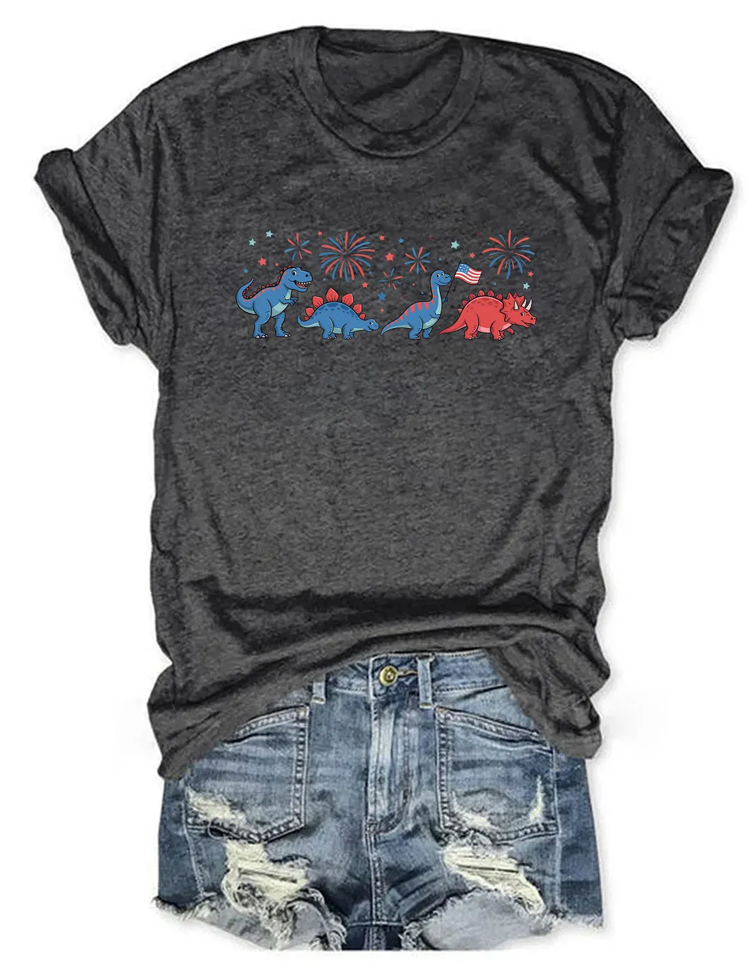 Cute Dinosaur American Flag Fireworks T-shirt