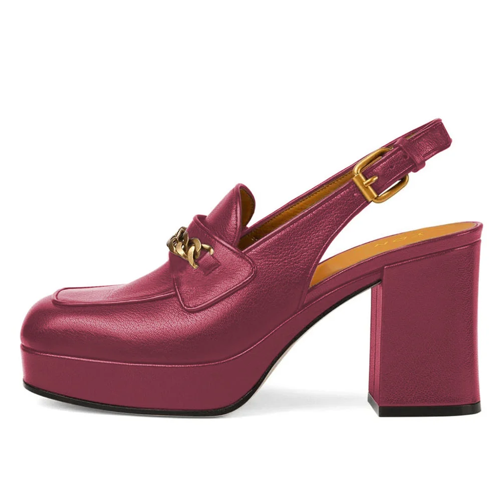 Dark Fuchsia Square Toe Chain Platform Chunky Heeled Loafers Women