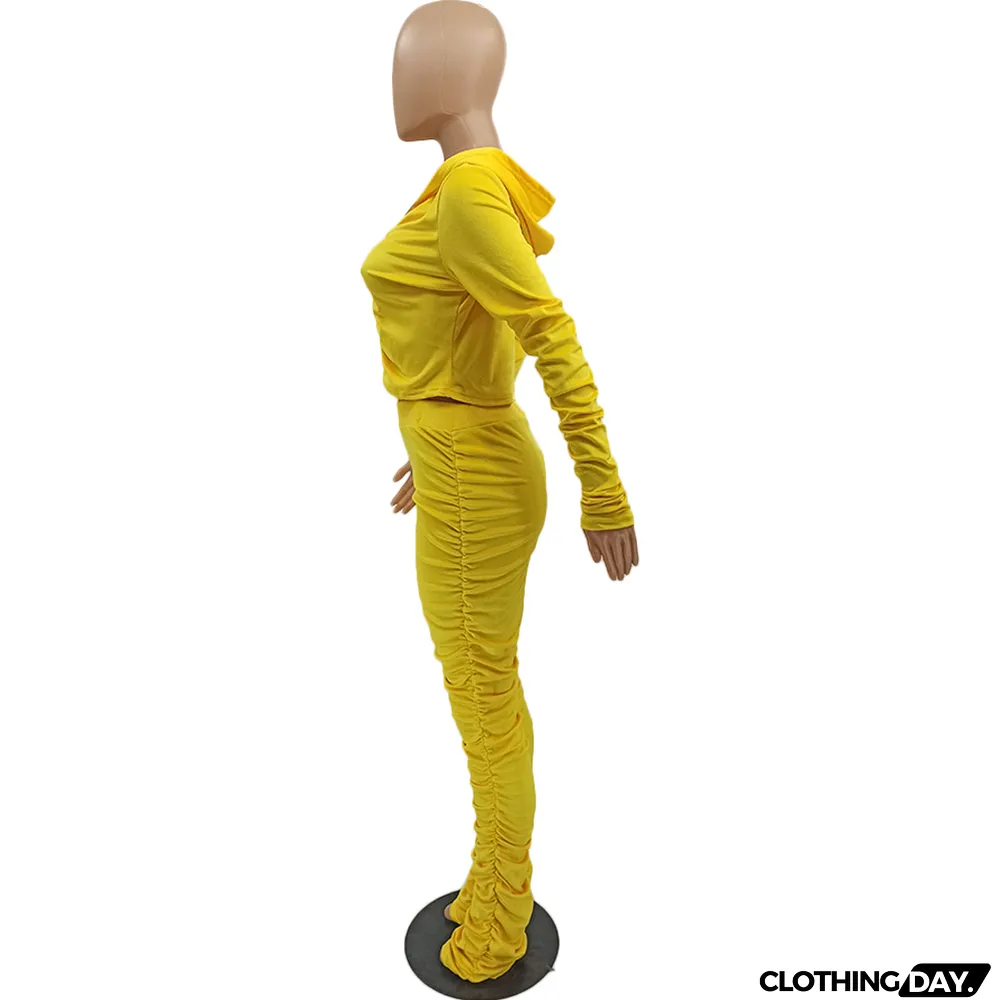 Velvet Pleated Zipper Hooded Jacket Skinny Pants Suit