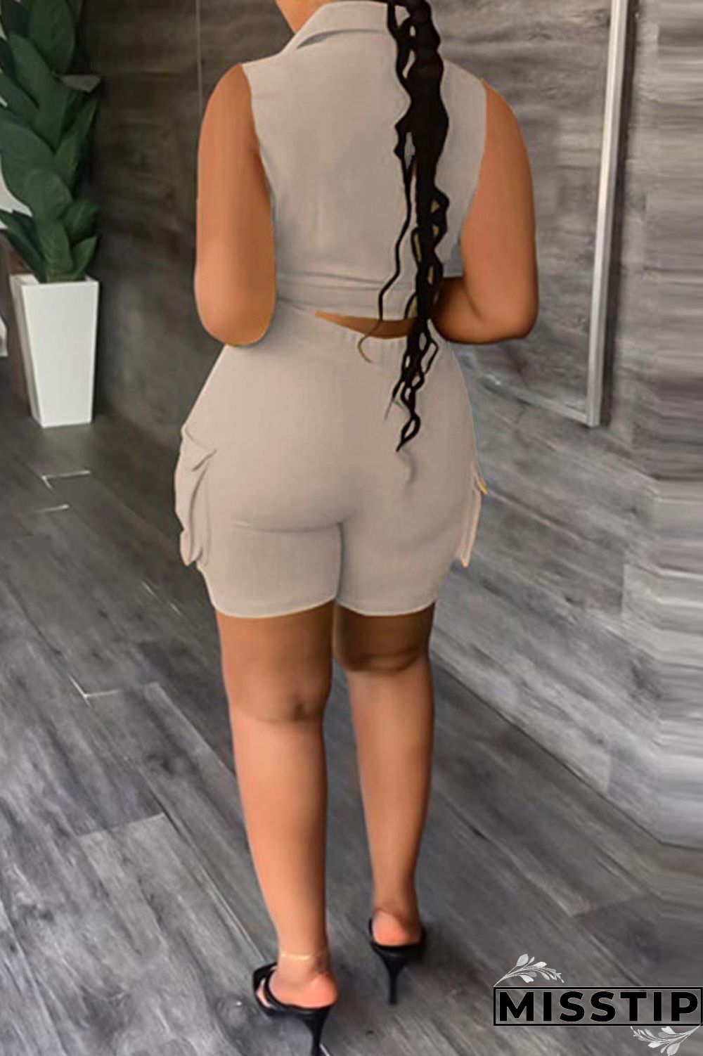 Khaki Casual Solid Patchwork Turndown Collar Sleeveless Two Pieces