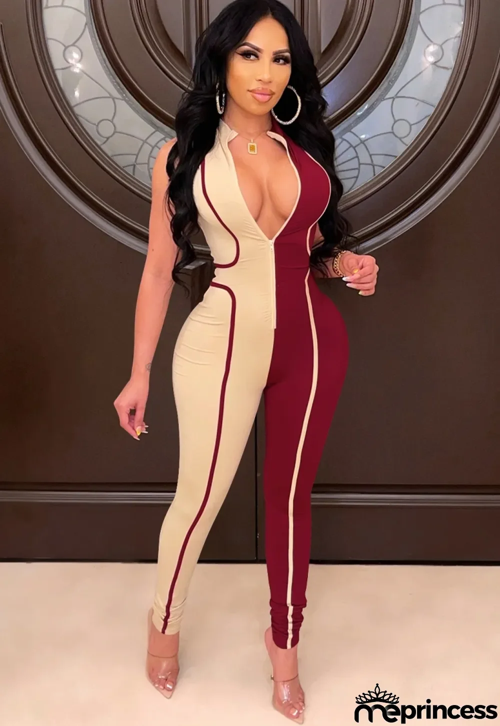 Fall Sexy Khaki And Burgundy Contrast Sleeveless Zipper Slim Jumpsuit
