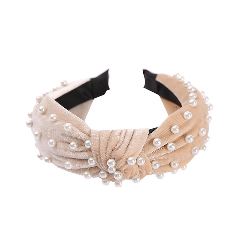 New Wide-brimmed Gold Flocking Bead Headband Simple Retro Pearl Headband Knot Wash Face Headband