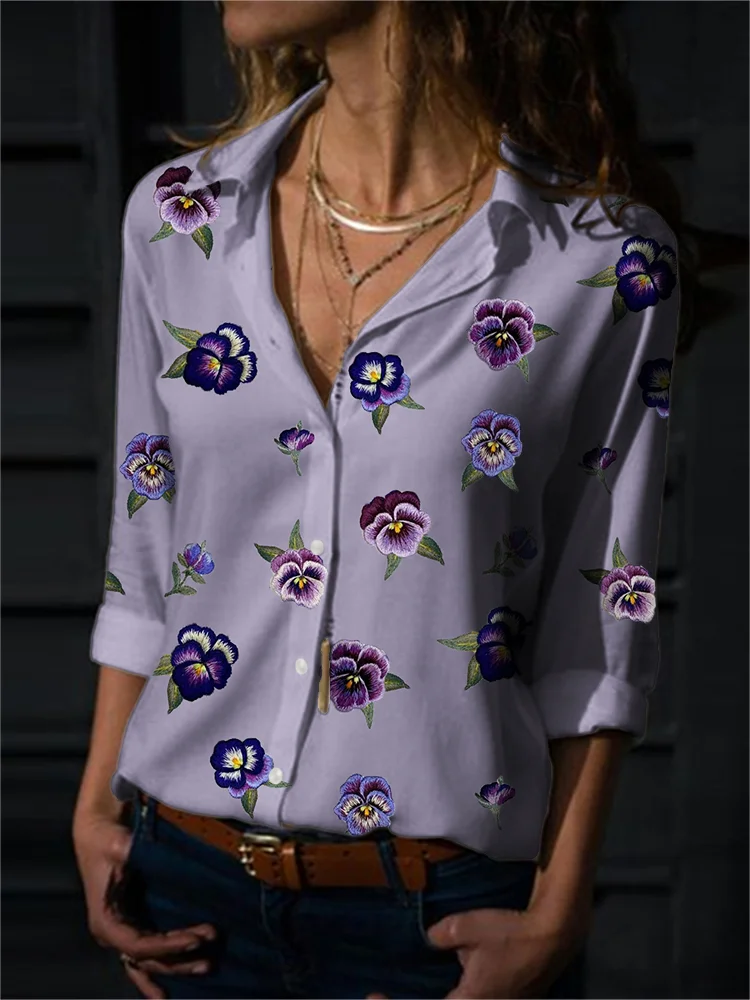 VChics Pansy Floral Embroidery Pattern Comfy Blouse