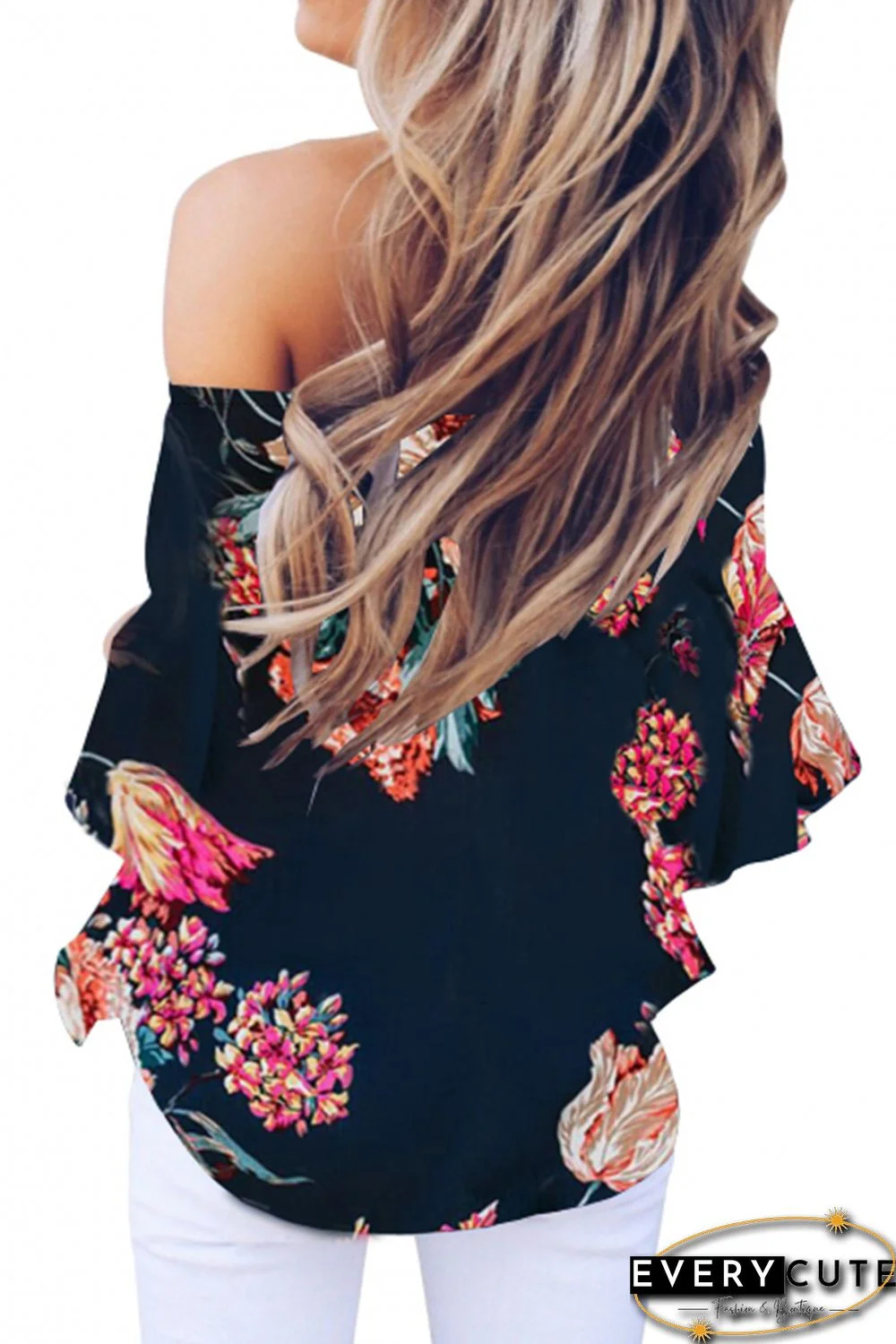 Blue Off Shoulder Floral Tie Front High Low Chiffon Blouse