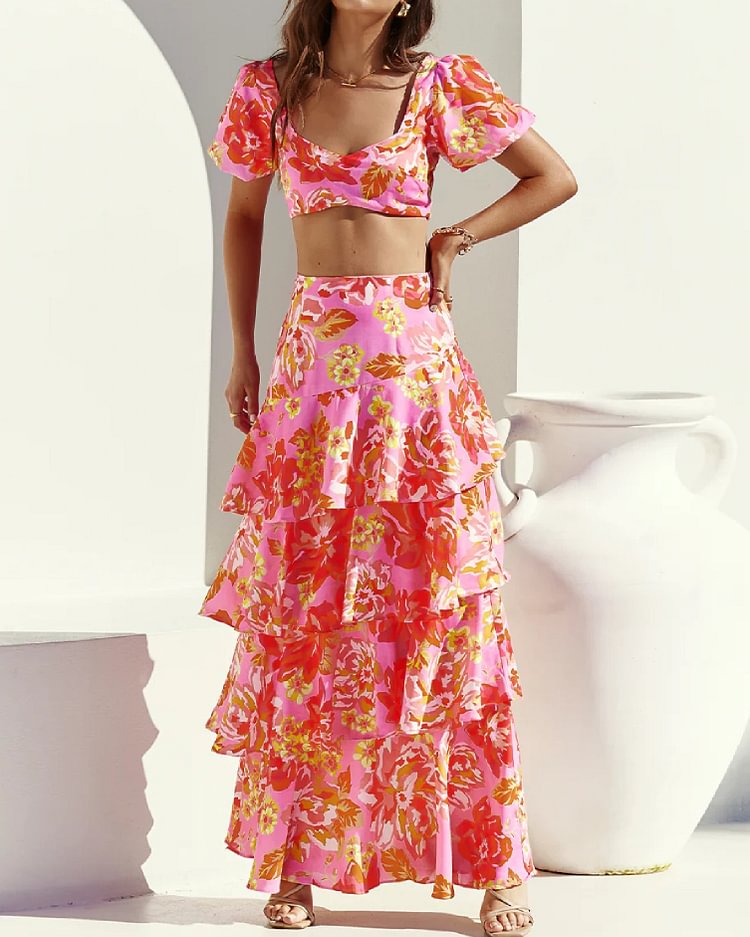 Resort Print Shirt Ruffle Maxi Dress Set