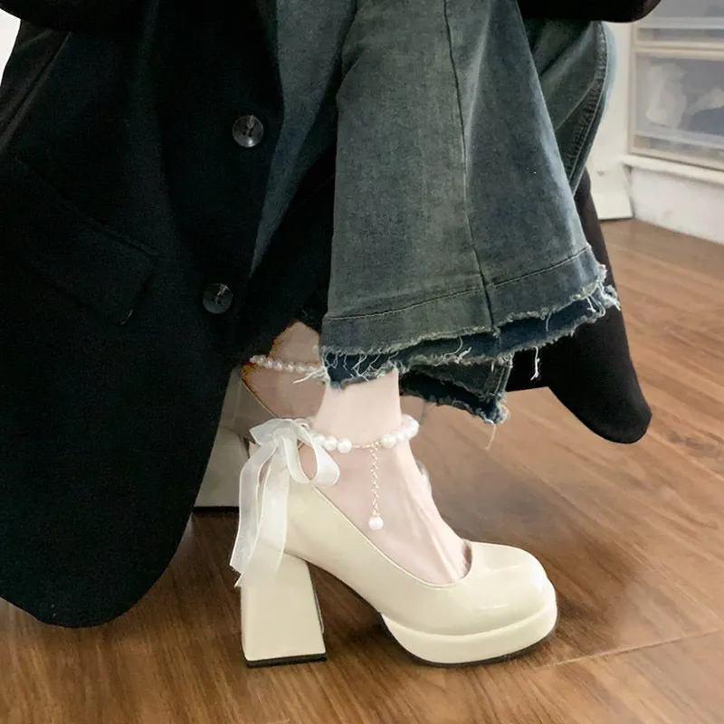 Breakj Breakj Heels Women's Coarse Heel 2025 New Spring Pearl Bow Gentle Fairy Style French Mary Jane Single Shoes