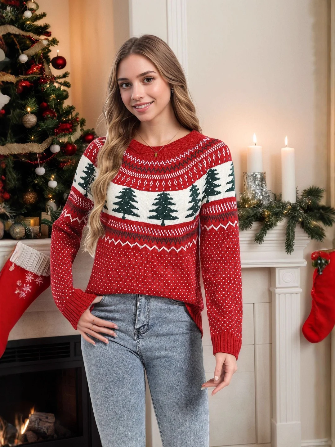 Athvotar Athvotar And Winter New Christmas Sweater Women Loose Knitted Green Pine Embroidered Clothes On The Head
