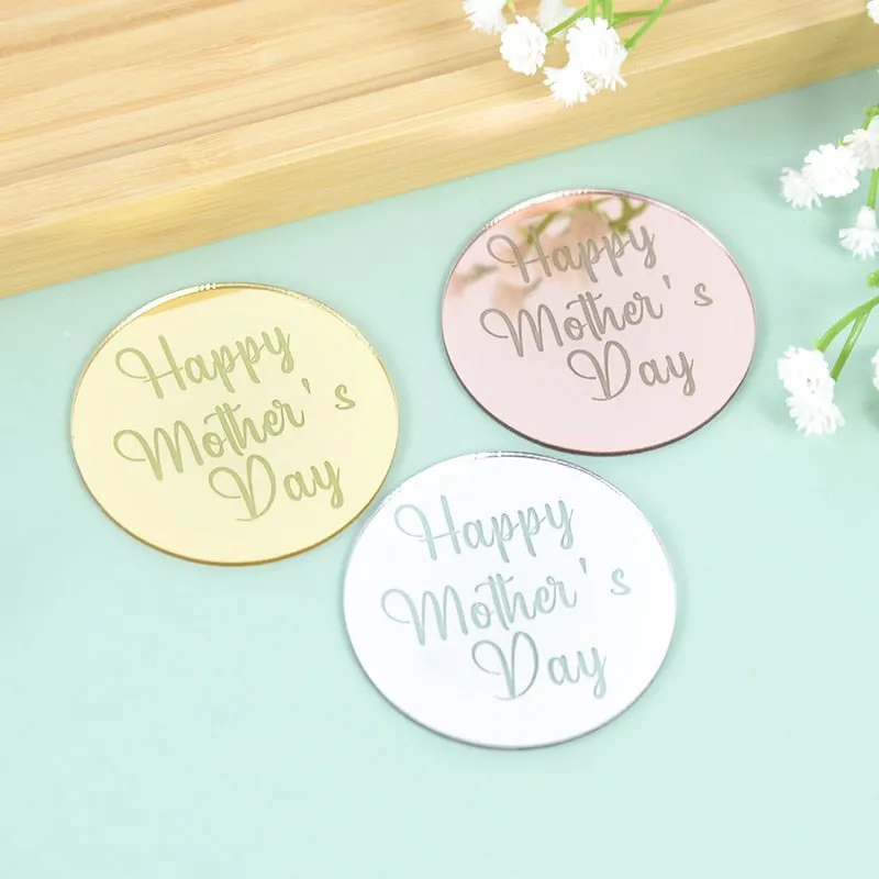 10pcs Gold Happy Mother's Day Acrylic Cupcake Topper Round Circle Cake Topper DIY Dessert Cake Decoration for Mothers Day Gift