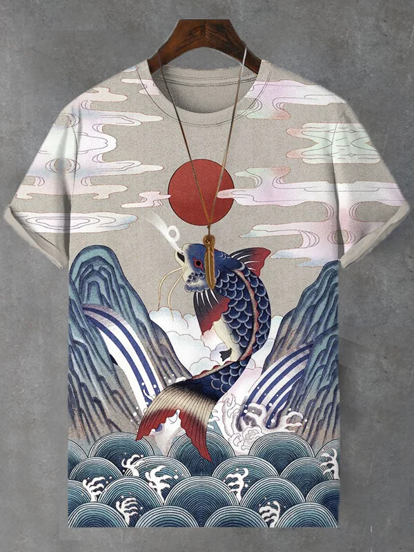Men's Japanese Art Fish Sea Wave Pattern Print Casual T-Shirt