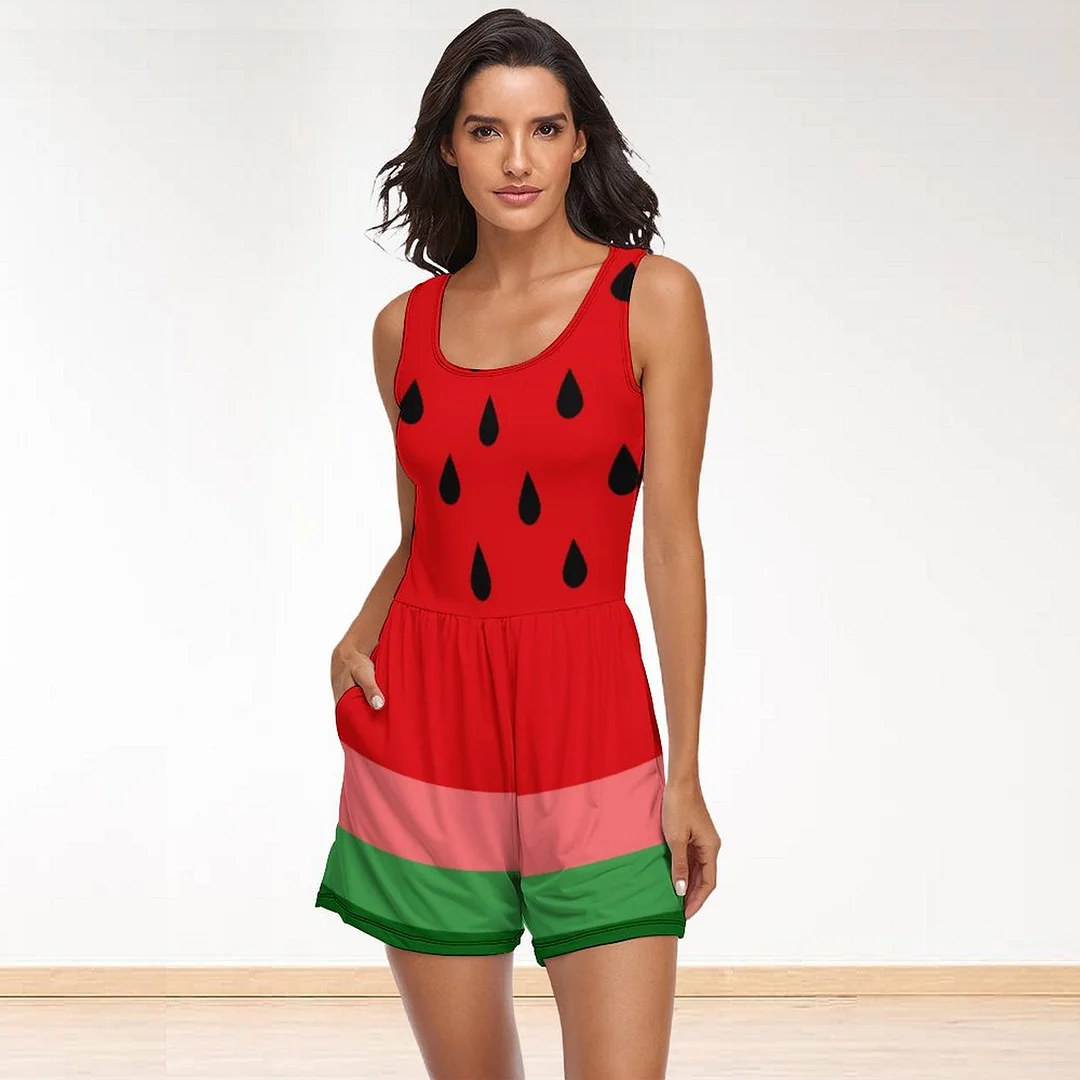 Watermelon Womens Summer Romper Casual Funny Sleeveless Short Jumpsuits with Pockets