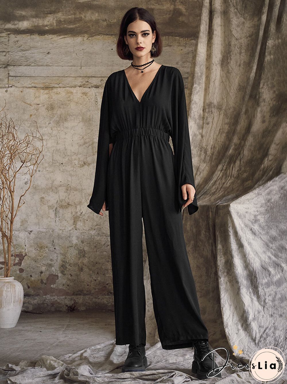 Solid Side Split Long Sleeve V-neck  Wide Leg Jumpsuit