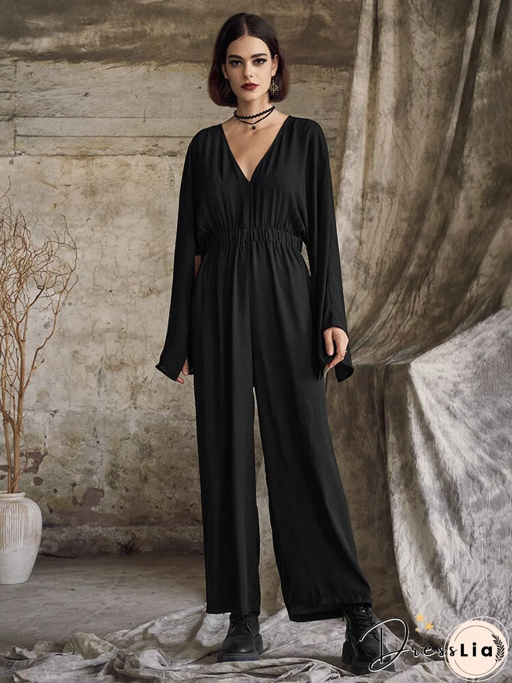 Solid Side Split Long Sleeve V-neck  Wide Leg Jumpsuit