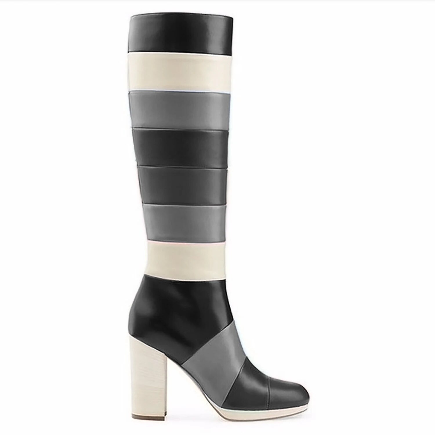 TAAFO Women Knee-High Boots Mixed-Color Platform Square Heels Round Toe Zipper Booties Ladies Shoes