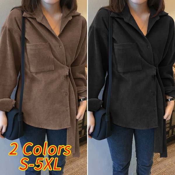 S-5XL Women Long Sleeved Lapel Button Up Corduroy Shirts Spring Autumn Casual Blouse Tops Blusas Femininas - Shop Trendy Women's Clothing | LoverChic