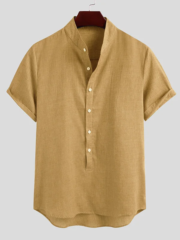 Aonga - Mens Casual Short Sleeve Button Linen ShirtsC