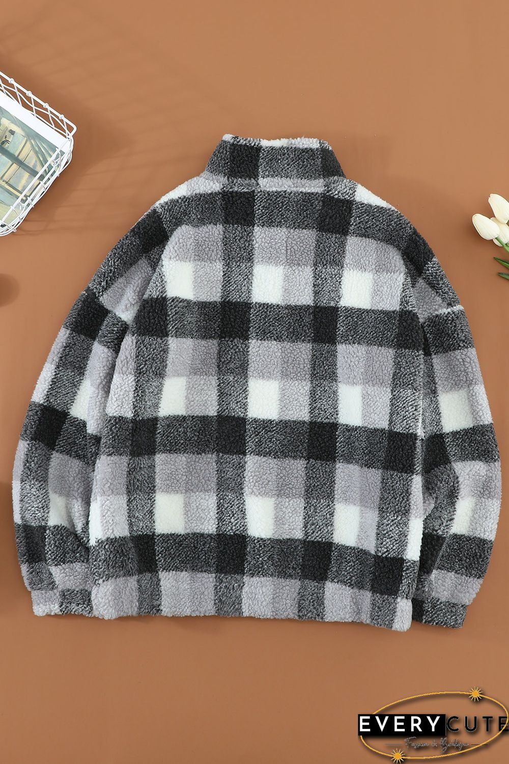White Plaid Zipper Stand Collar Sherpa Pullover Sweatshirt