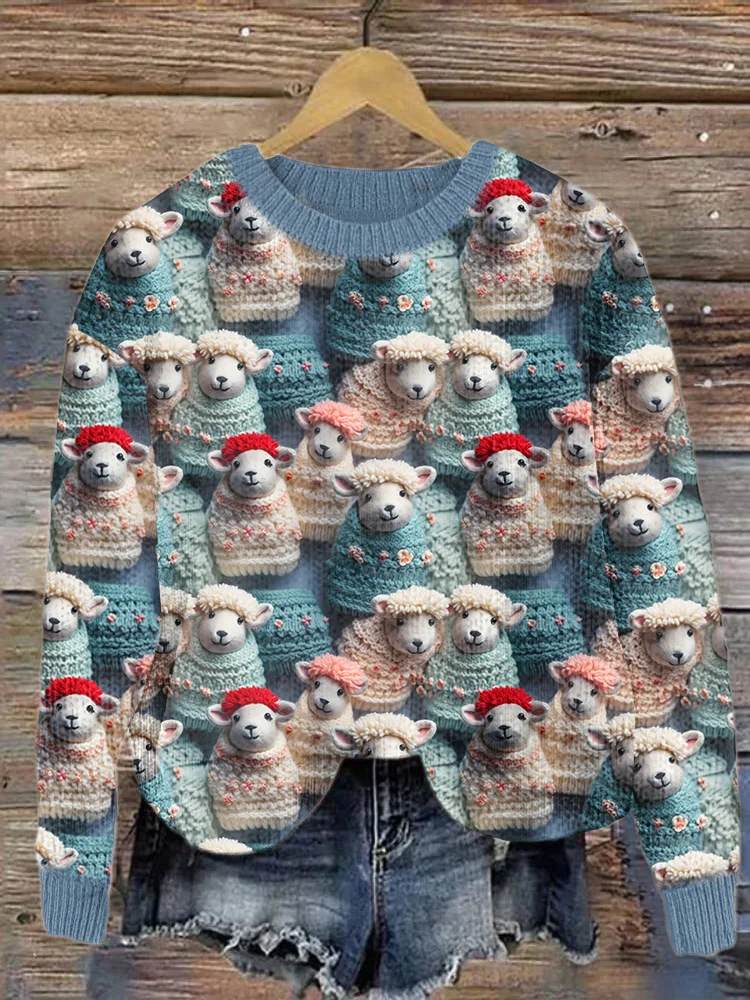 Cute Winter Sheep Print Casual Cozy Knit Sweater