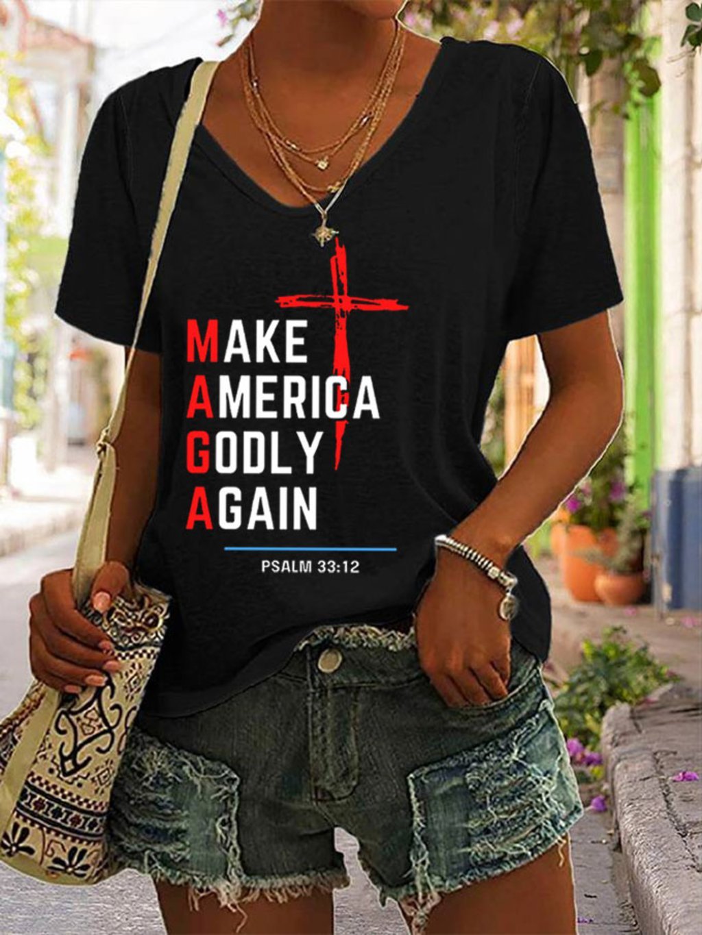 Women's Jesus Make America Godly Again MAGA Print V-Neck T-Shirt