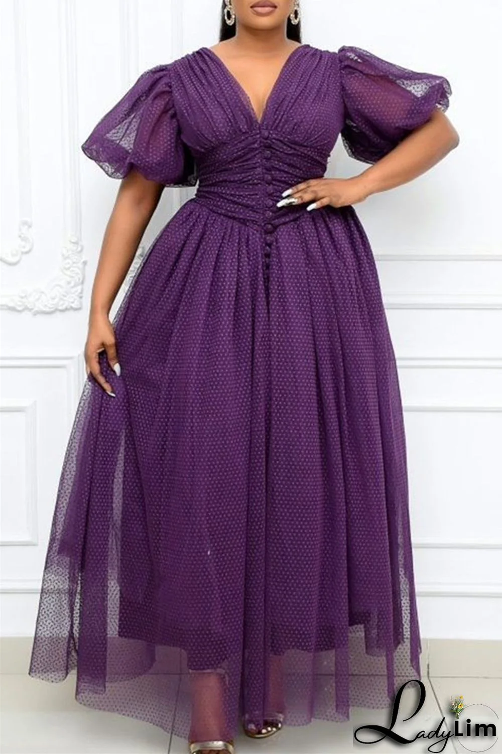 Purple Fashion Casual Solid Split Joint V Neck A Line Dresses