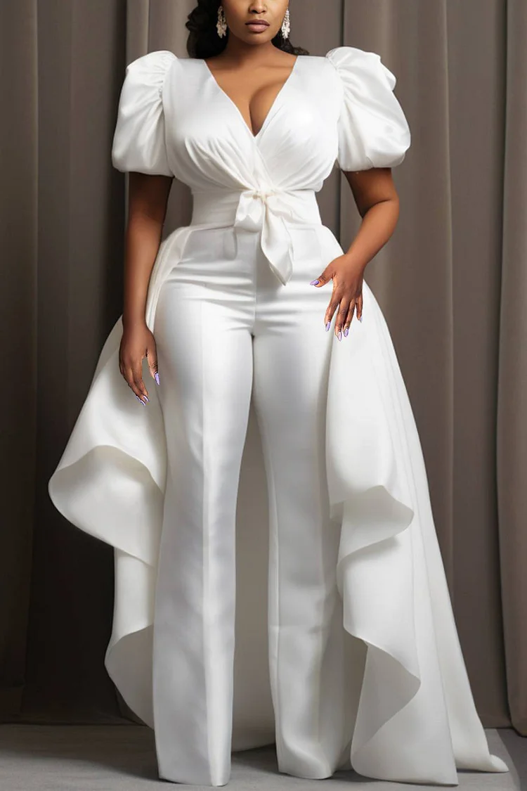Xpluswear Design Plus Size Formal Elegant White V Neck Puff Sleeve Short Sleeve Detachable Overskirt Pocket Satin Jumpsuits [Pre-Order]