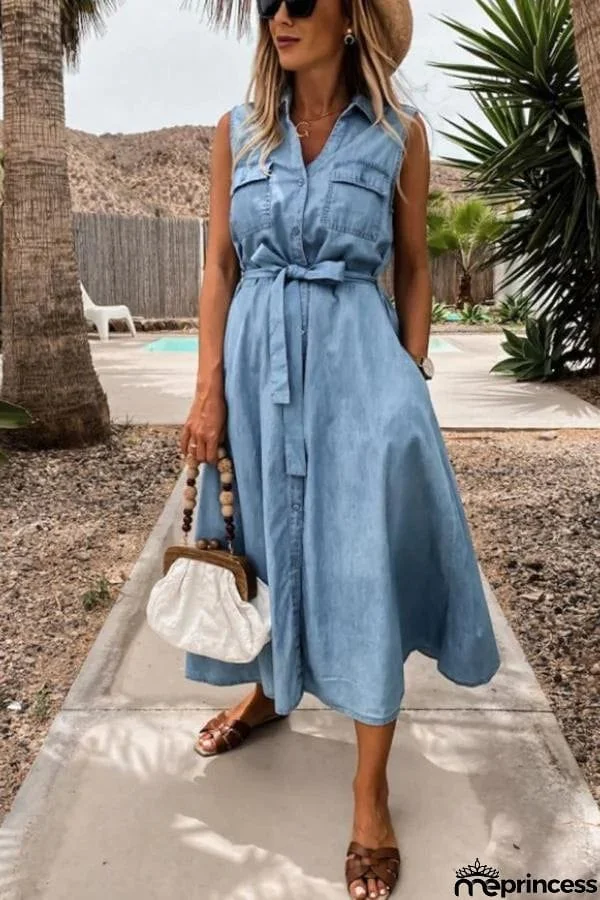 Ralphy Pocketed Distressed Denim Tie Dress