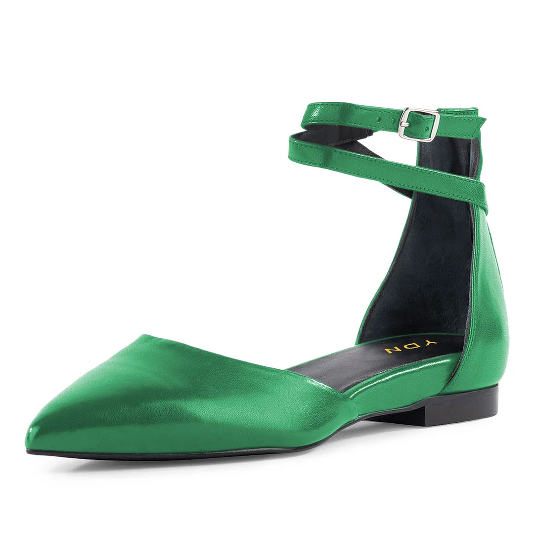 YDN Casual Green Pointed Toe Ankle Strap Flat Pumps for Women
