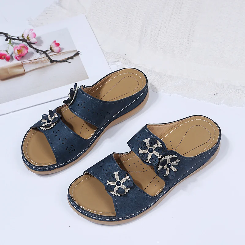 Qengg Summer New Flower Car Sewing Solid Light Mouth Round Head Casual Fashion Lady Flat Sandals