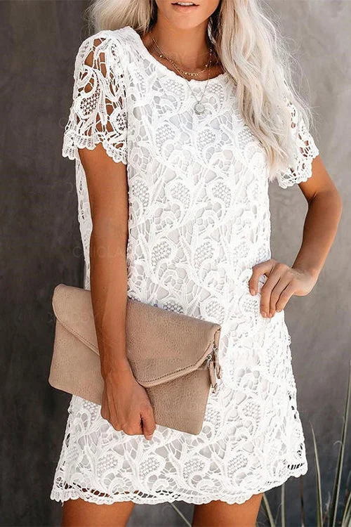 Free Shipping Short Sleeve Hollow Out Lace Dress