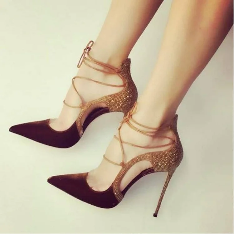 Burgundy Velvet Prom Heels Rhinestone Ankle Wrap Pumps for Women |FSJ Shoes