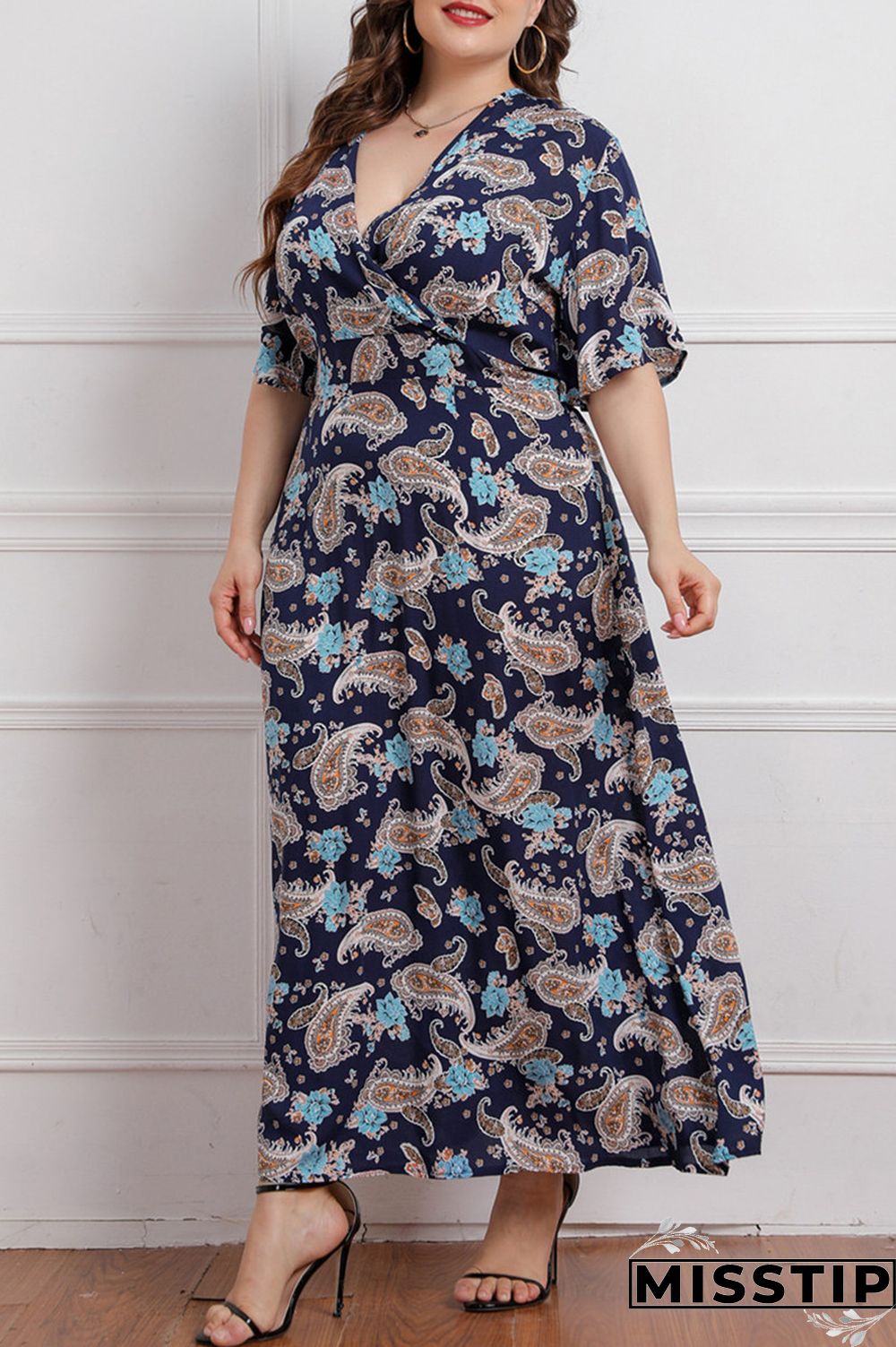 Deep Blue Fashion Casual Plus Size Print Patchwork V Neck Short Sleeve Dress