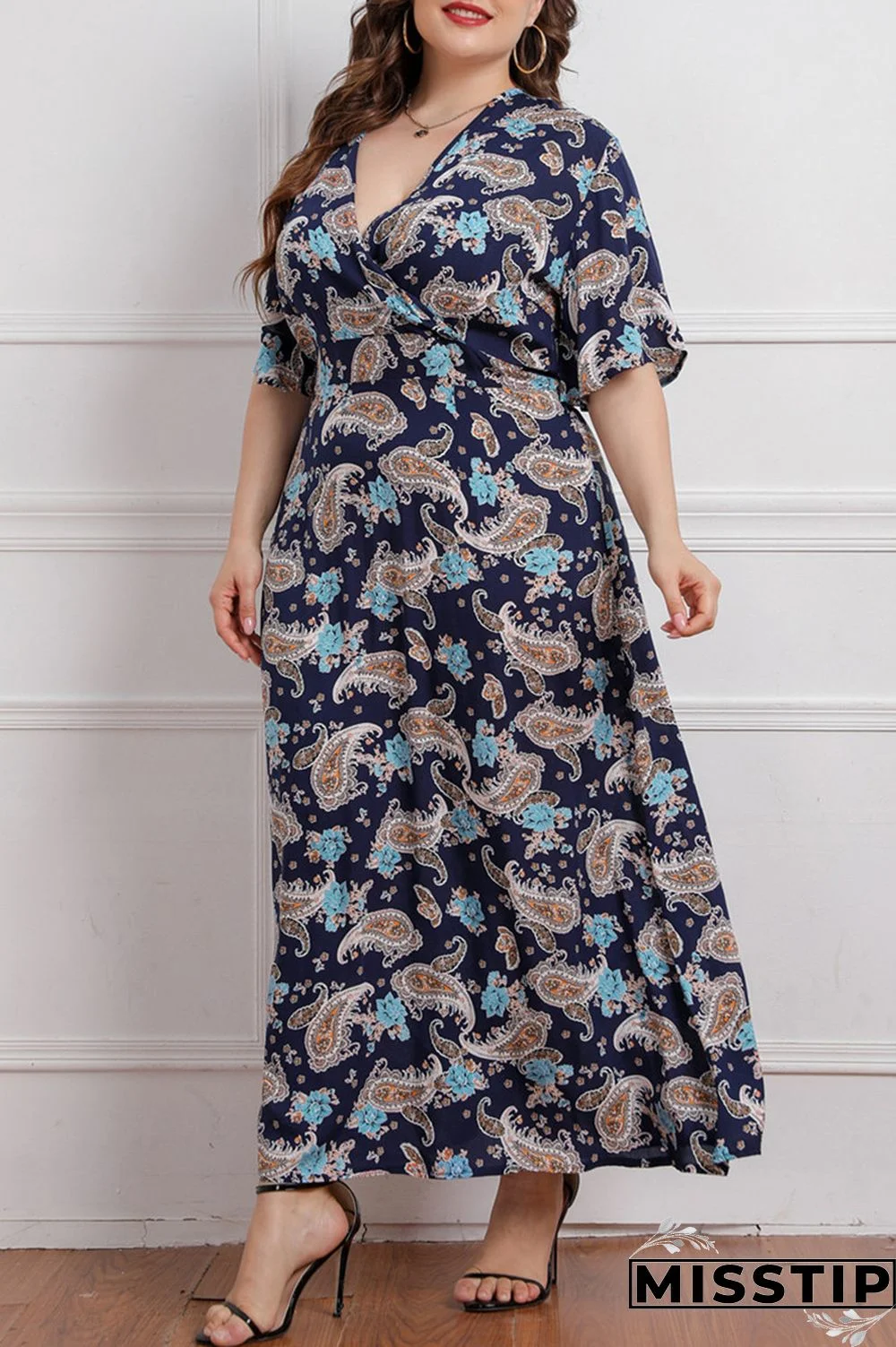 Deep Blue Fashion Casual Plus Size Print Patchwork V Neck Short Sleeve Dress