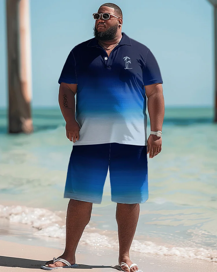 Men's Plus Size Hawaiian Blue Gradient Coconut Tree Print Polo Shorts Suit