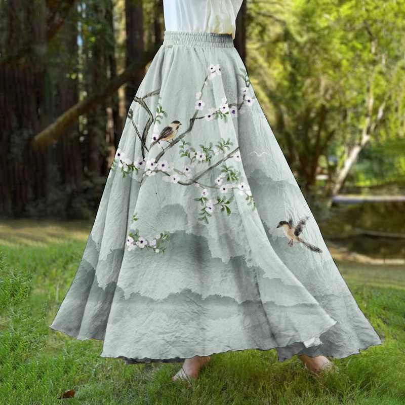 Comstylish Vintage Flower And Bird Print A-Hem Skirt