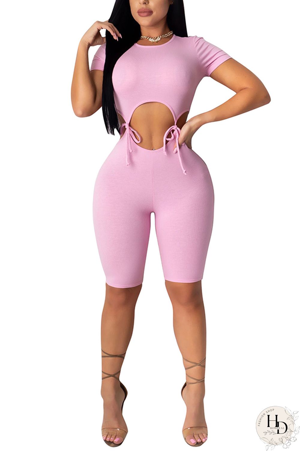 Black Fashion Sexy Patchwork bandage Hollow Solid Polyester Short Sleeve O Neck Jumpsuits