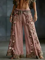 Women's Spring Floral Embroidered Art Print Flowy Linen Blend Casual Pants