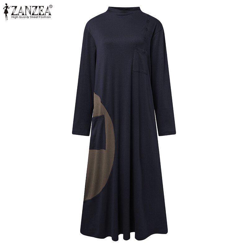 ZANZEA Turtleneck Long Sleeves Midi Sundress Female Autumn Pocket Sweatshirt Dress Women Casual Patchwork Vestidos Oversized