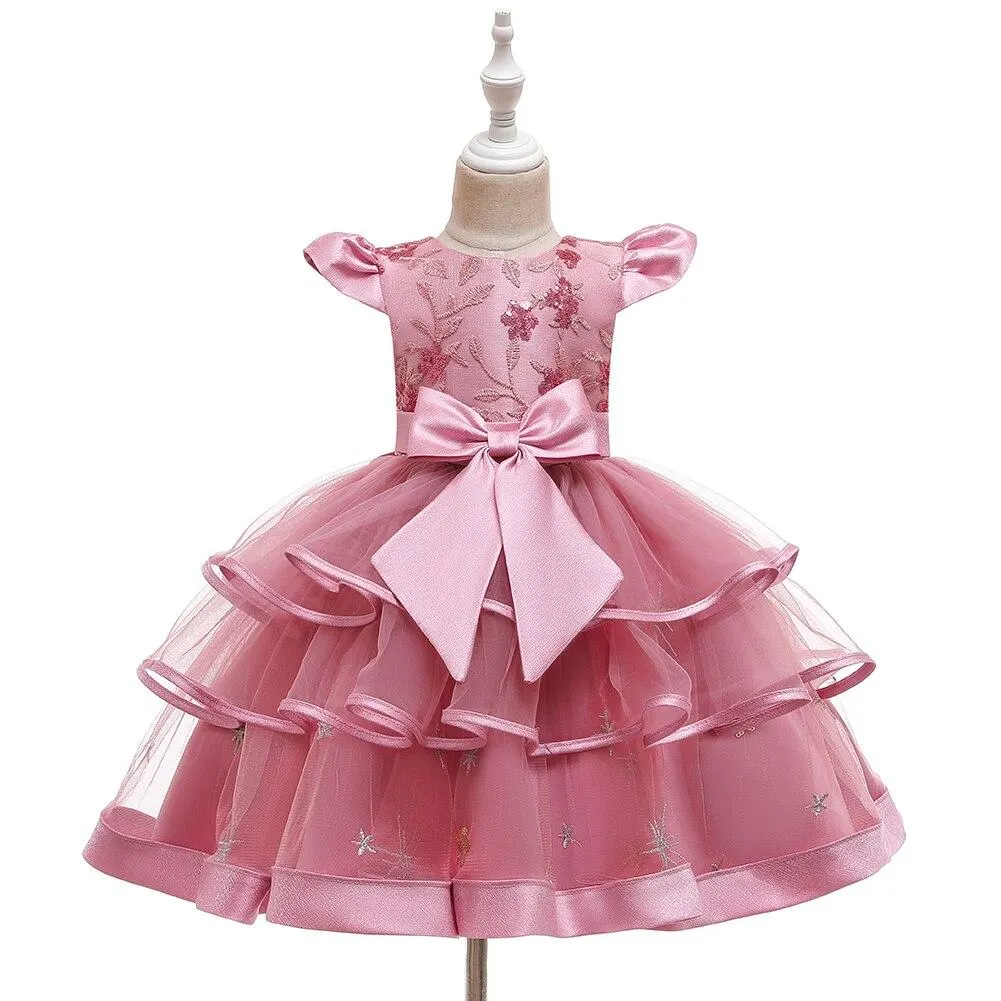 Children's Bow Sequined Prom Wedding Bridesmaid Dress Girl Flying Sleeves Multi-Layer Mesh Princess Dress